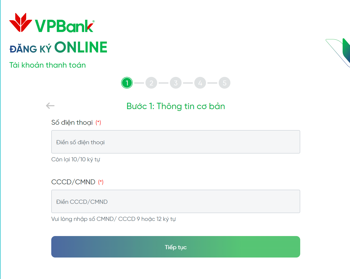 Giao diện đăng ký mở thẻ tại website của ngân hàng VPBank