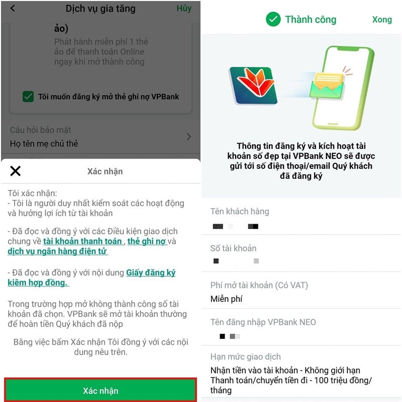 Giao diện ứng dụng VPBAnk NEO khi khách hàng đã đăng ký mở thẻ thành công