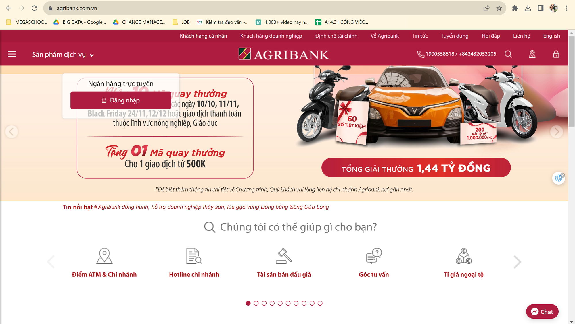 Trang chủ của Website ngân hàng Agribank