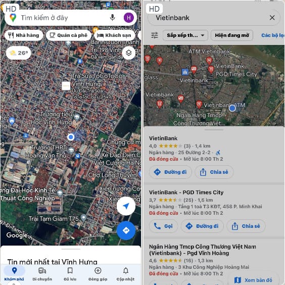 Hiển thị tìm kiếm Vietinbank gần nhất ngay trên Google Map