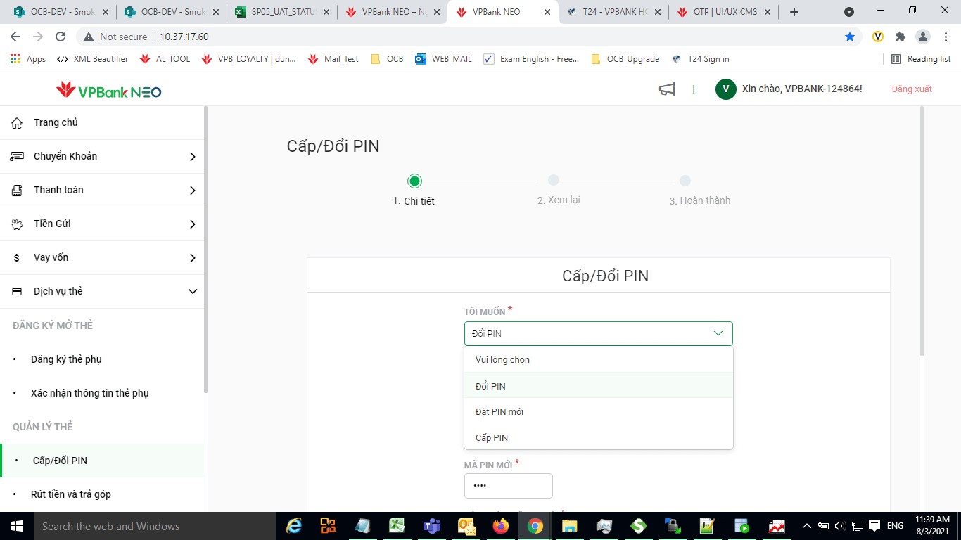 Đổi mã PIN VPBANK qua website